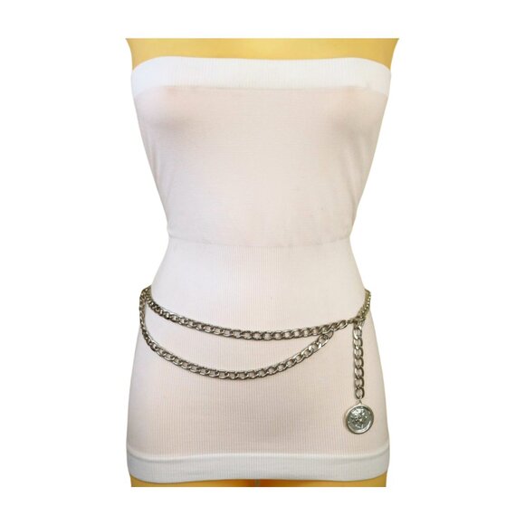 Women Silver Metal Chain Link Belt Hip High Waist Medallion Coin Charm M L XL main image 14